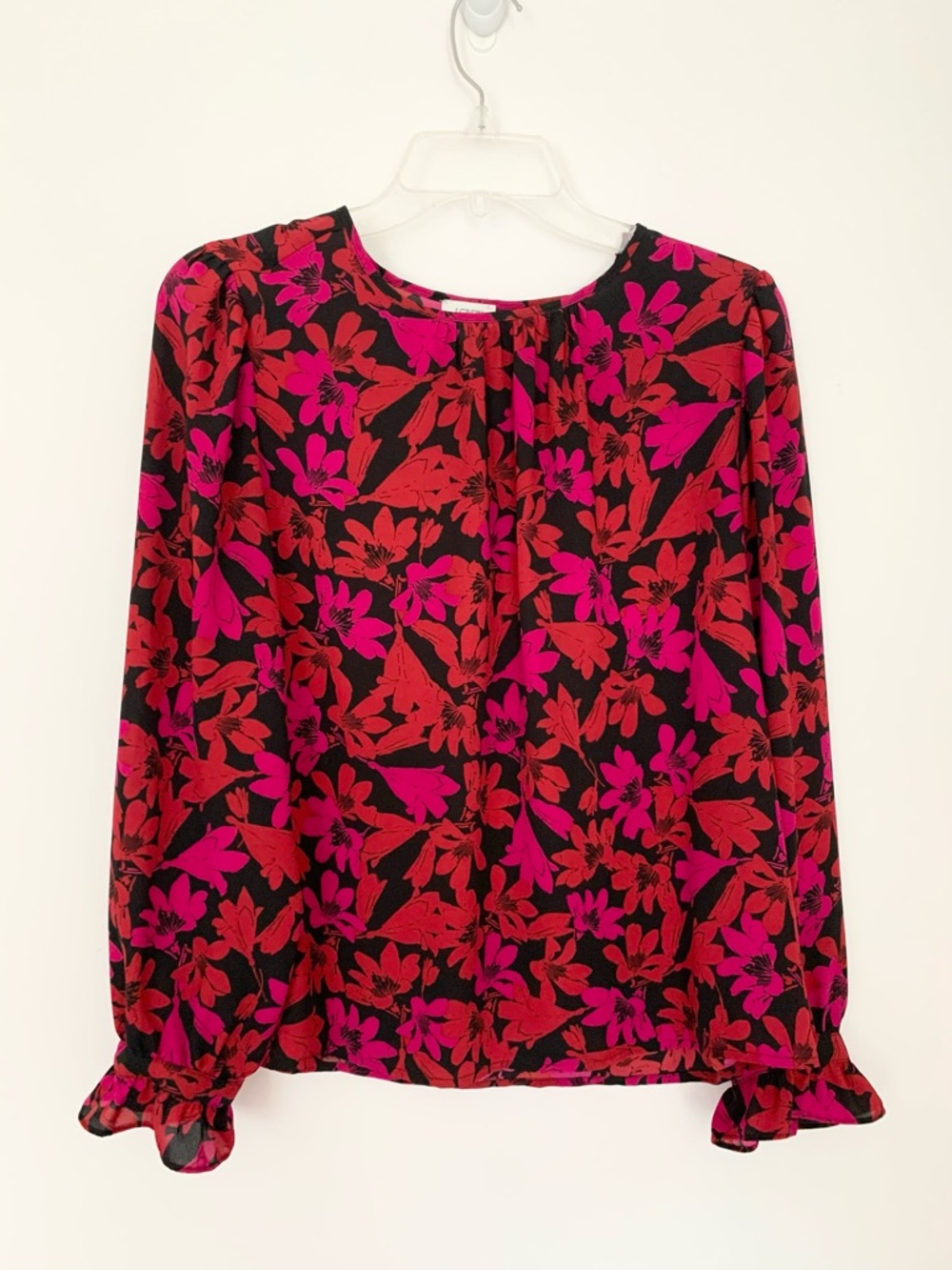 J Crew Factory Petite Printed button-neck top with ruffles